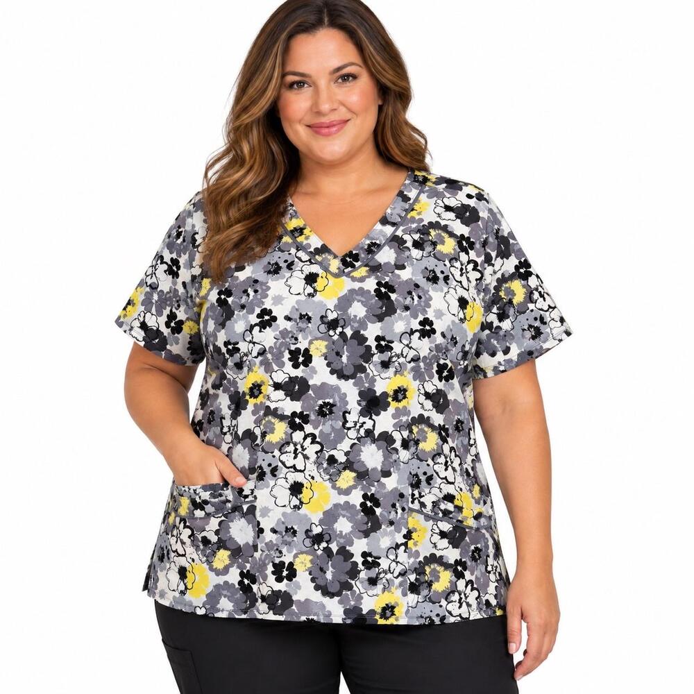Landau Tunic Blouse Womens 5XL Multicolor Floral V Neck Short Sleeve Scrub Top